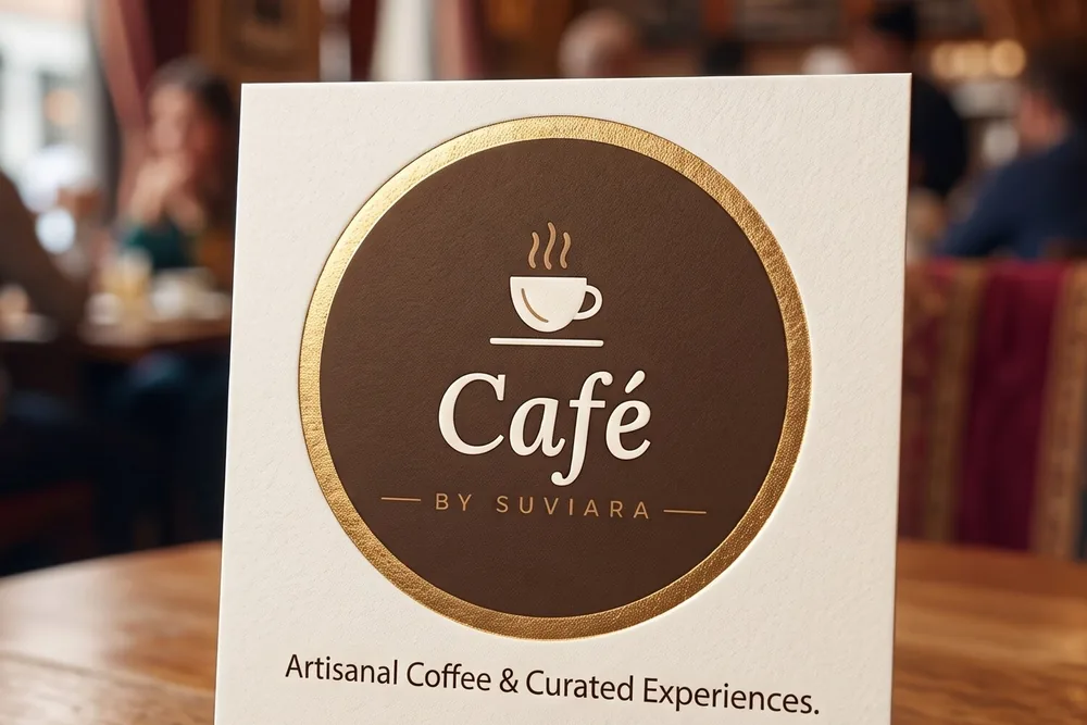 Café by Suviara table card with the café logo in a cosy café