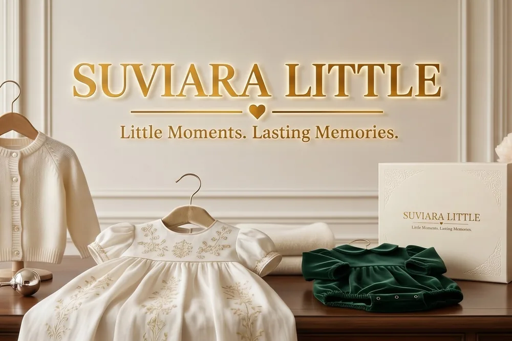 Suviara Little boutique display with a cream knit cardigan, embroidered dress and green velvet romper